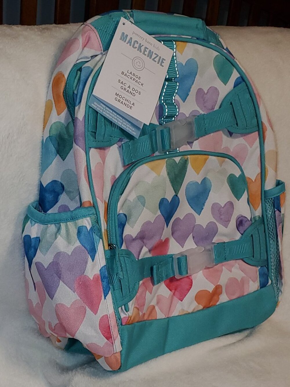 POTTERY BARN KIDS AQUA RAINBOW HEARTS LARGE MACKENZIE Backpack NWT! HTF! - Picture 5 of 12